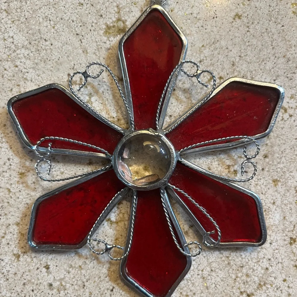 Red burgundy flower stained glass handmade Suncatcher Christmas ornament